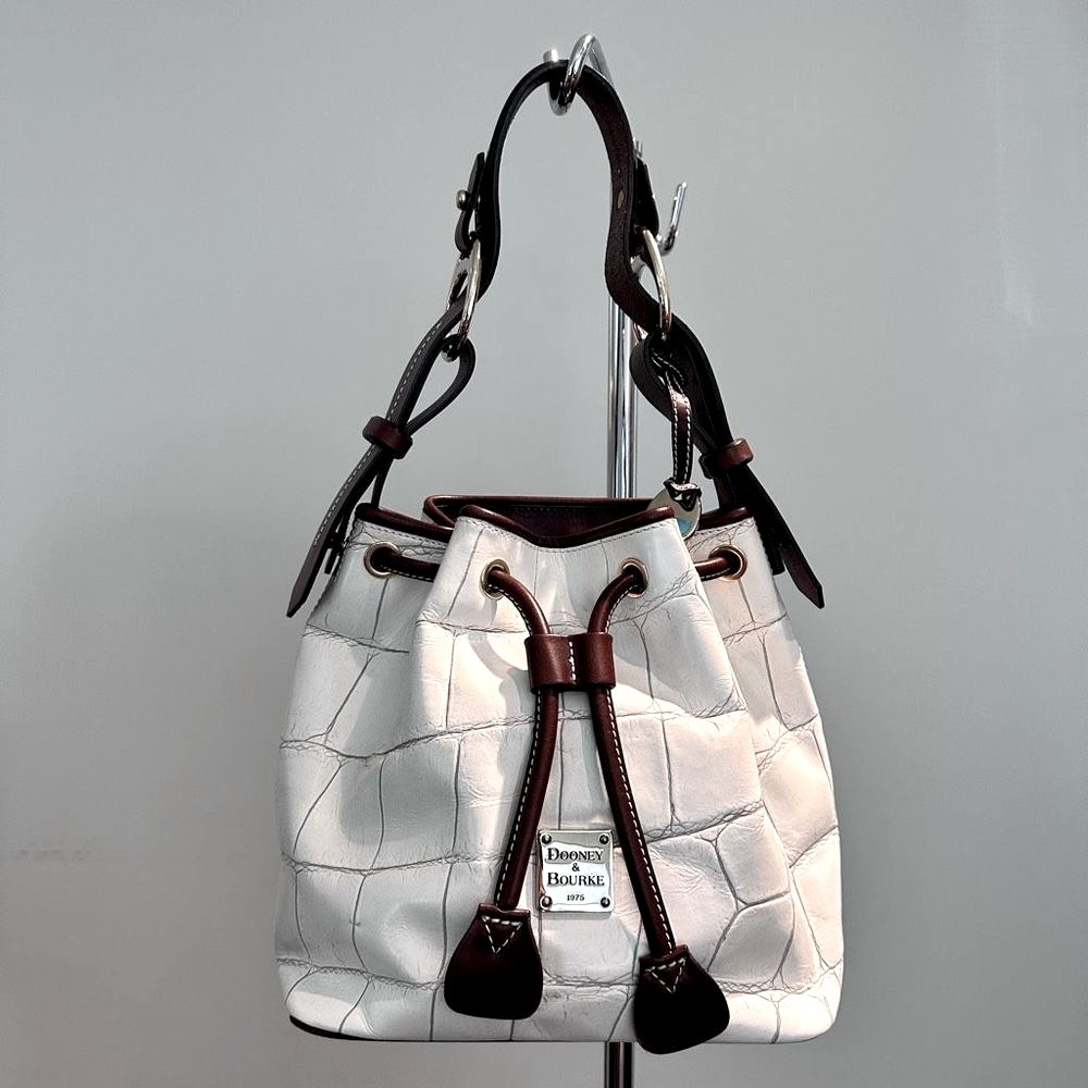 Dooney & Burke Women's Croc Embossed Drawstring Bucket Shoulder Bag White/Brown